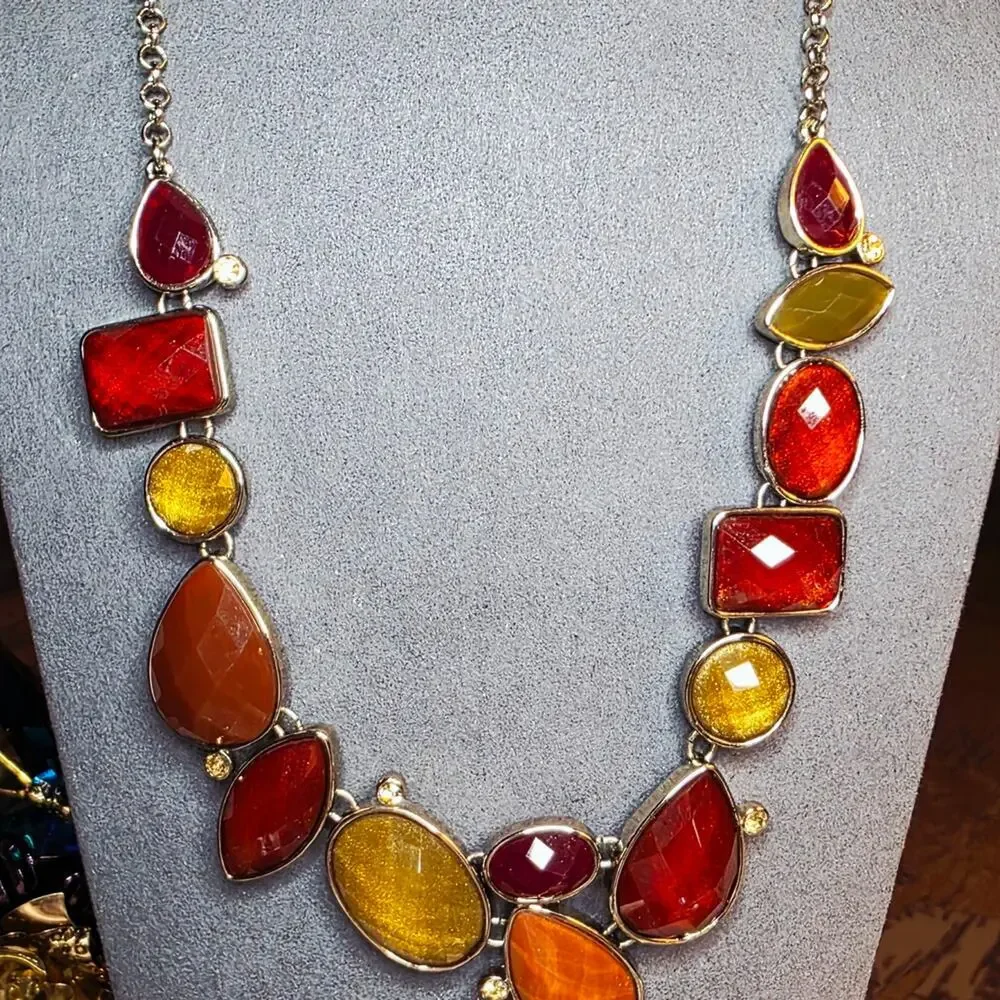 Multicolor Aventurine Glass Statement Necklace Vintage Silver Tone 474